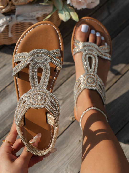 Women's Rhinestone Decor Style Peep Toe Soft Sole Flat Sandals