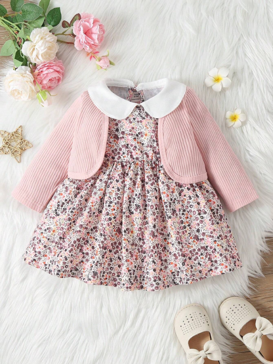 Baby Ditsy Floral Contrast Collar Smock Dress & Jacket