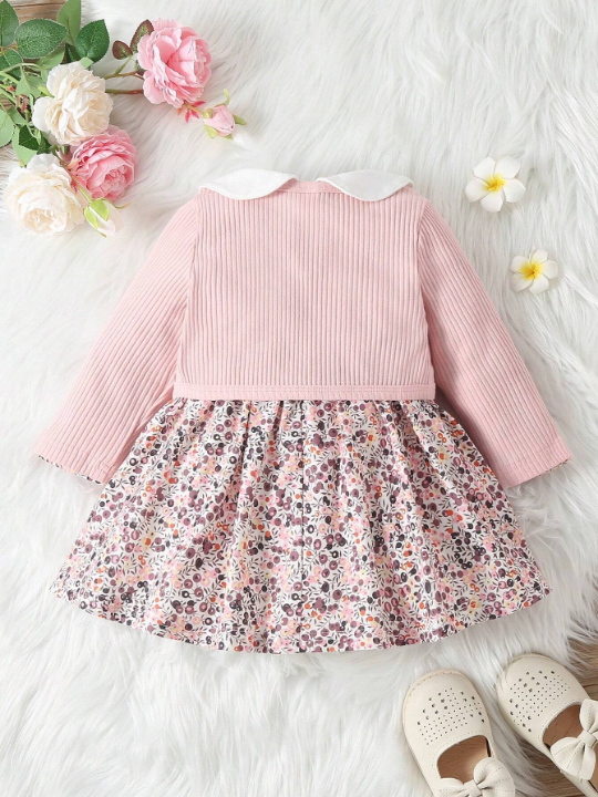 Baby Ditsy Floral Contrast Collar Smock Dress & Jacket