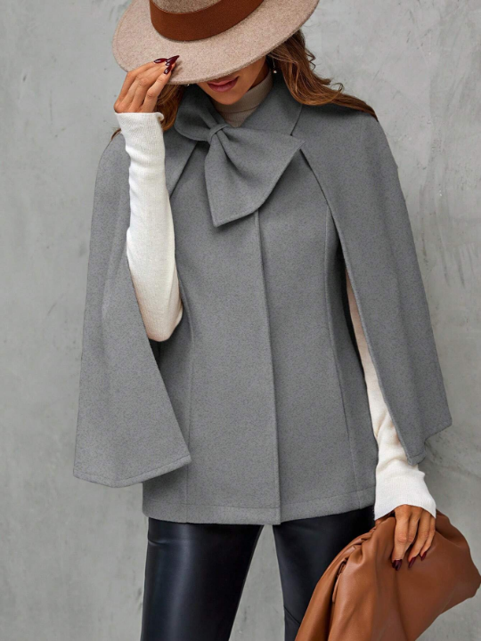 Women's Woolen Cape Coat With Bow Decoration