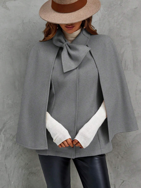 Women's Woolen Cape Coat With Bow Decoration