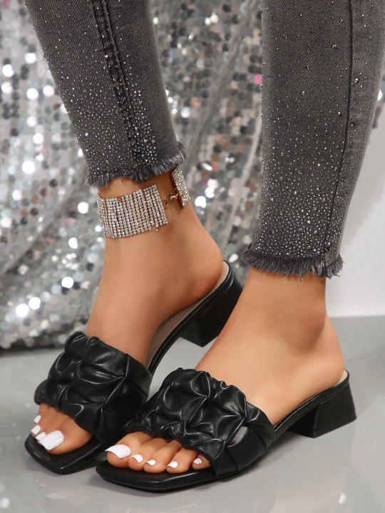 Women's Black Chunky Heeled Square Toe Slippers With Anti-Slip Bottom And Simple Design, Perfect For Summer And Autumn