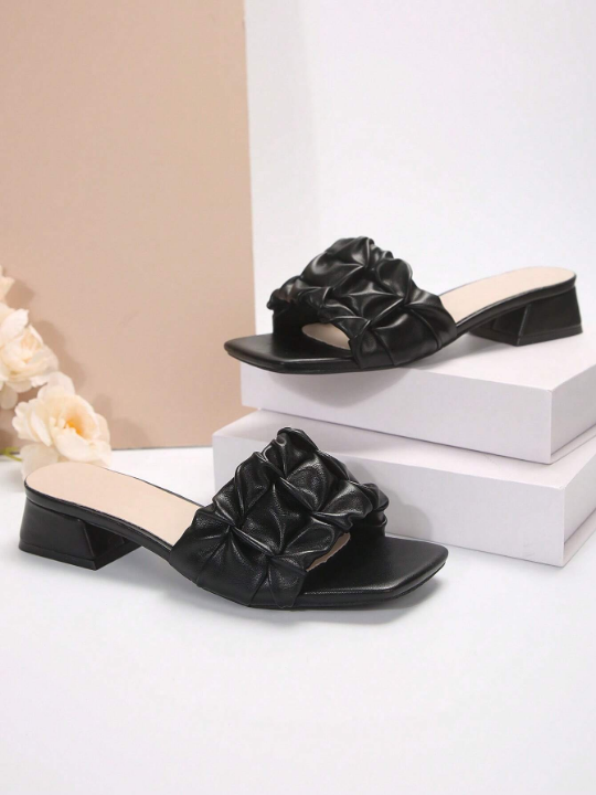 Women's Black Chunky Heeled Square Toe Slippers With Anti-Slip Bottom And Simple Design, Perfect For Summer And Autumn