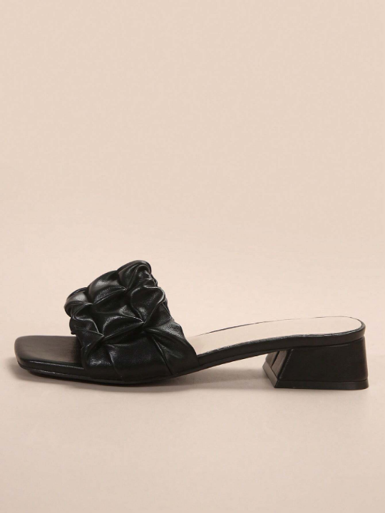 Women's Black Chunky Heeled Square Toe Slippers With Anti-Slip Bottom And Simple Design, Perfect For Summer And Autumn