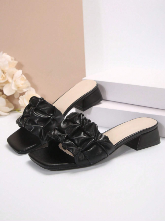 Women's Black Chunky Heeled Square Toe Slippers With Anti-Slip Bottom And Simple Design, Perfect For Summer And Autumn