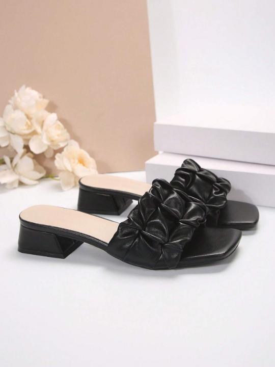 Women's Black Chunky Heeled Square Toe Slippers With Anti-Slip Bottom And Simple Design, Perfect For Summer And Autumn