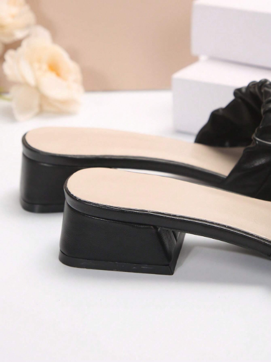 Women's Black Chunky Heeled Square Toe Slippers With Anti-Slip Bottom And Simple Design, Perfect For Summer And Autumn