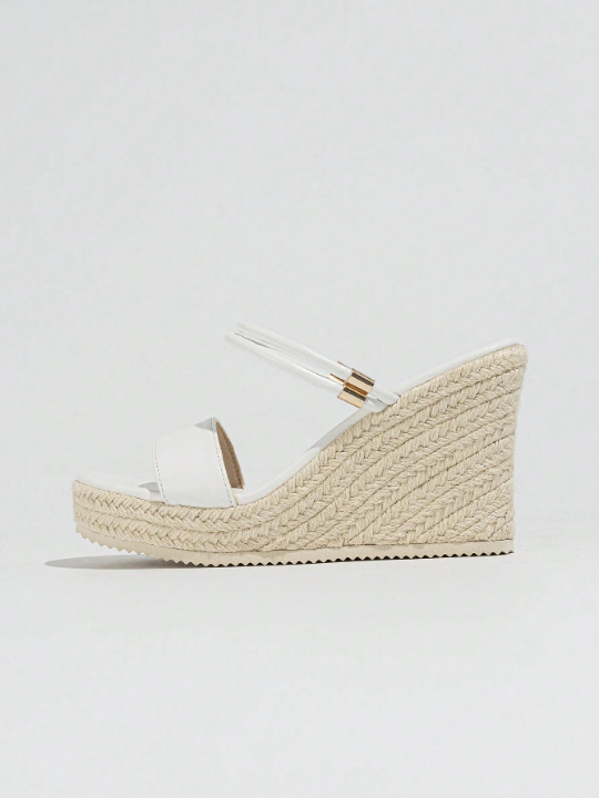 Women's Platform Wedge Espadrilles, White Linen Woven Crisscross Strap Sandals For Summer