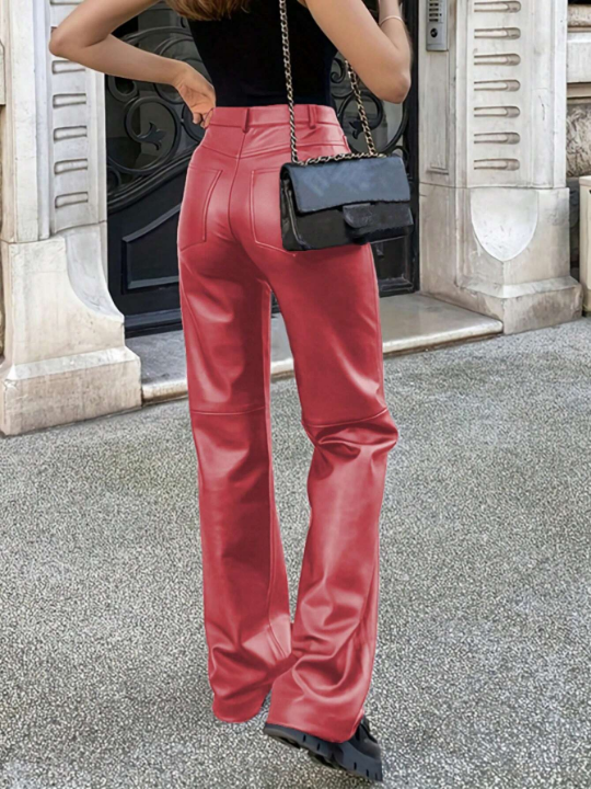 Solid High Waist PU Leather Straight Leg Pants