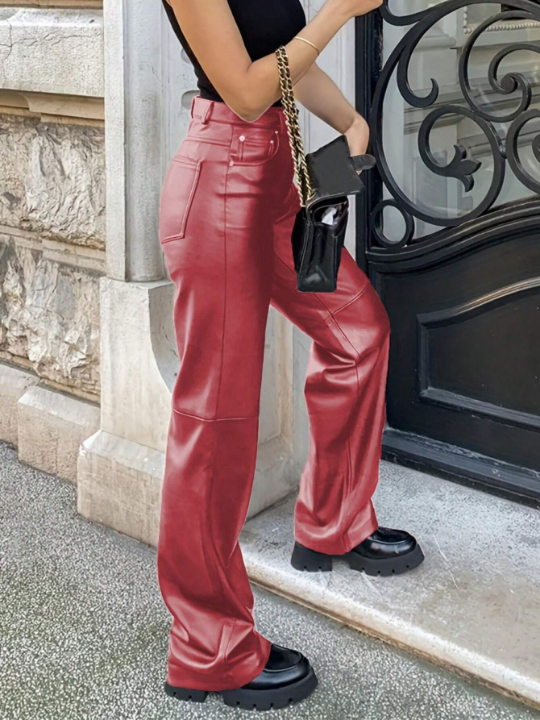 Solid High Waist PU Leather Straight Leg Pants