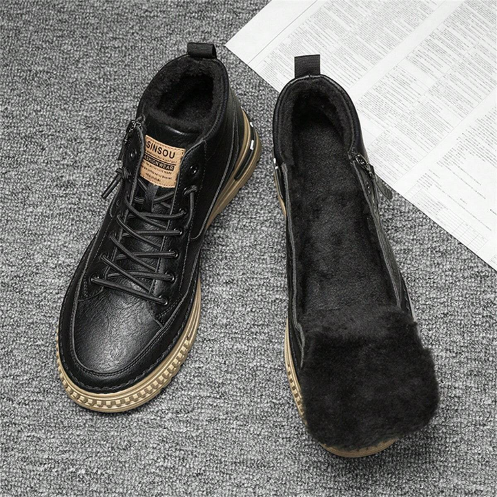 Men's Imitation Fur Lined British Style Pu Leather Work Shoes, Retro Versatile Ankle Boots, Durable & Casual, High Top With Korean Fashionable Style, Ideal For Students