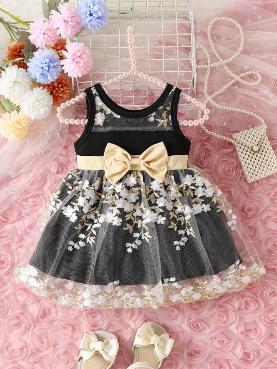 Baby Girl Princess Style Sleeveless Dress With Flower Embroidery & Bow Knot Decoration