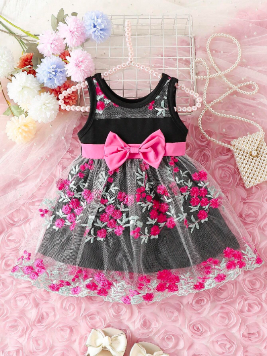 Baby Girl's Princess Dress With Floral Embroidery, Butterfly Bowknot And Sleeveless Design