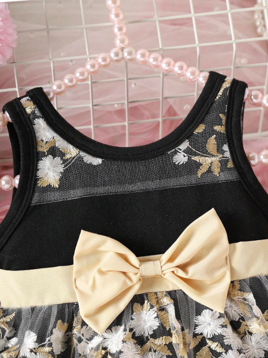 Baby Girl Princess Style Sleeveless Dress With Flower Embroidery & Bow Knot Decoration