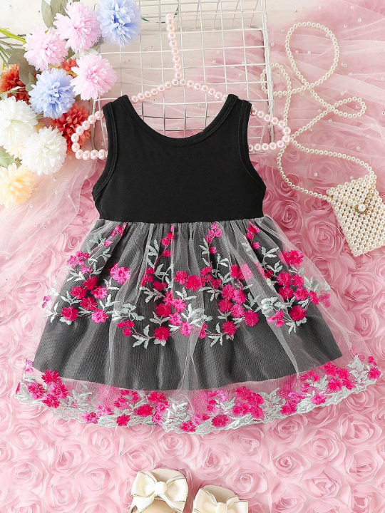 Baby Girl's Princess Dress With Floral Embroidery, Butterfly Bowknot And Sleeveless Design