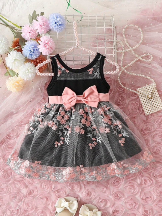 Baby Girl's Princess Dress, Floral Embroidery, Sleeveless, With Bowknot