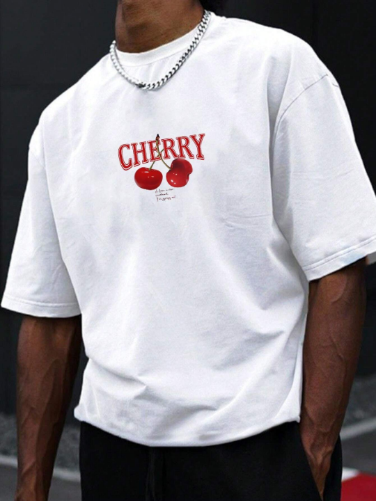 Manfinity Homme Men's White Knitted Round Neck Short Sleeve T-Shirt With Letter And Cherry Print