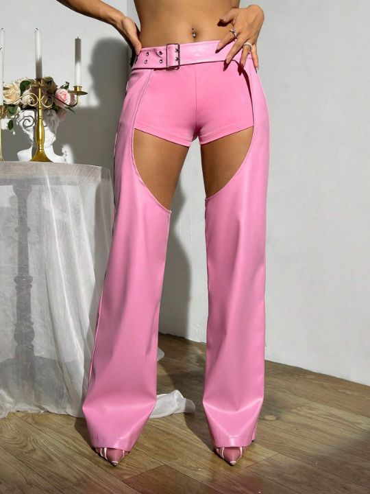 ICON Low Waist Hollow Out Splicing Pu Leather Pink Pants