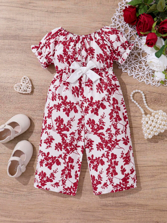 Baby Girl Casual Bowknot & Botanical Print Short Sleeve Jumpsuit