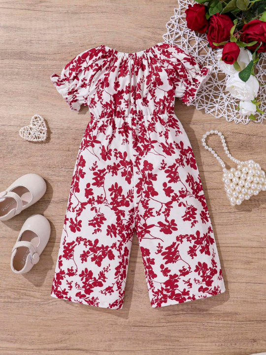 Baby Girl Casual Bowknot & Botanical Print Short Sleeve Jumpsuit