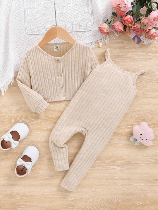 Baby Girl's Casual Knitted Jumpsuit With Spaghetti Straps, Long Sleeve Top And Single Breasted Closure, 2pcs/Set