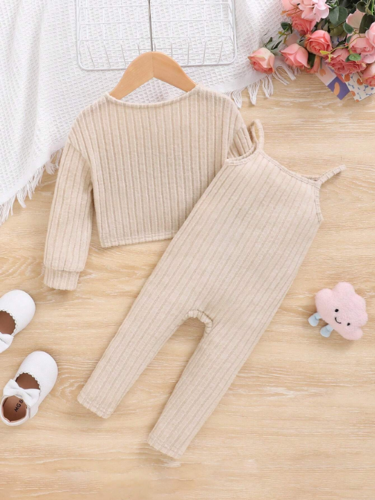 Baby Girl's Casual Knitted Jumpsuit With Spaghetti Straps, Long Sleeve Top And Single Breasted Closure, 2pcs/Set