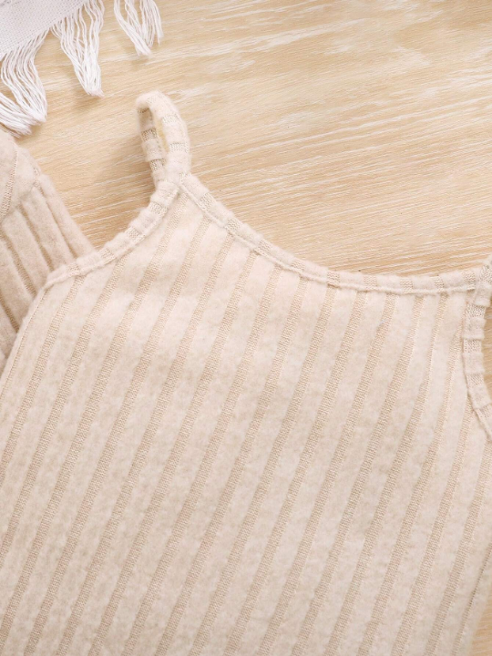 Baby Girl's Casual Knitted Jumpsuit With Spaghetti Straps, Long Sleeve Top And Single Breasted Closure, 2pcs/Set