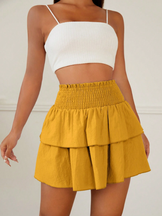 PETITE Women's Shirred-Waisted Double-Layered Ruffle Hem Skirt