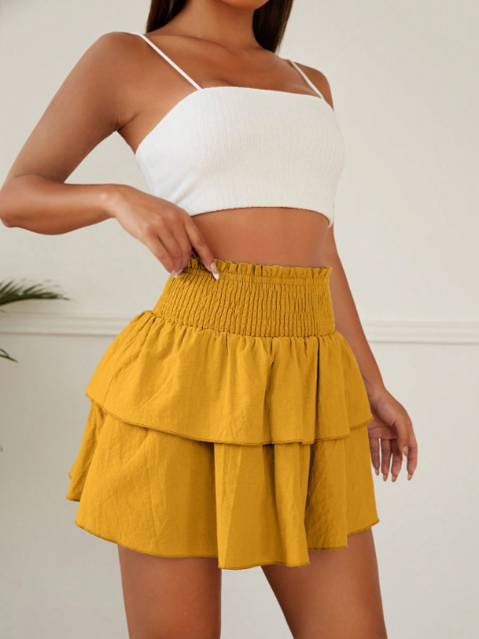 PETITE Women's Shirred-Waisted Double-Layered Ruffle Hem Skirt