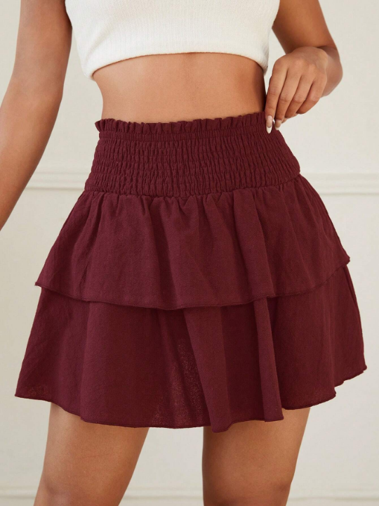 PETITE Women's Double-Layered Ruffle Hem Skirt With Shirred Waist