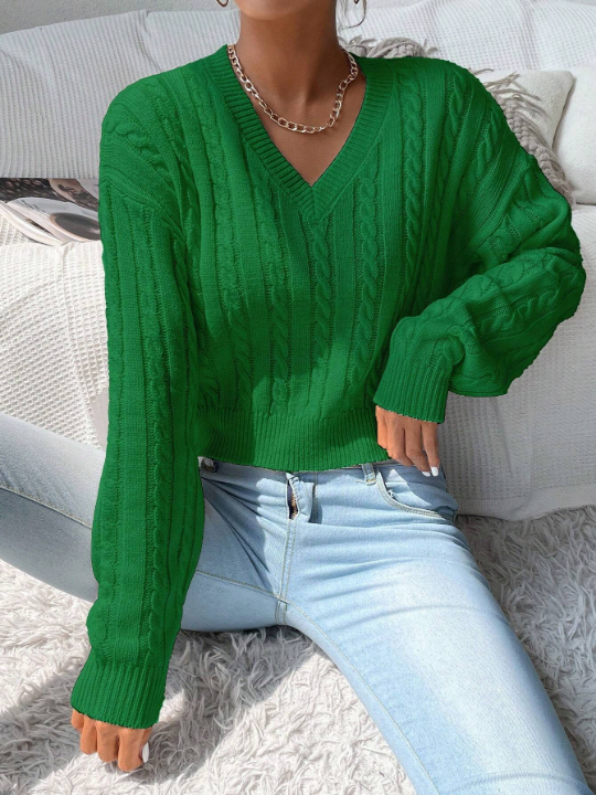 Frenchy V-Neck Cable Knit Pullover Sweater