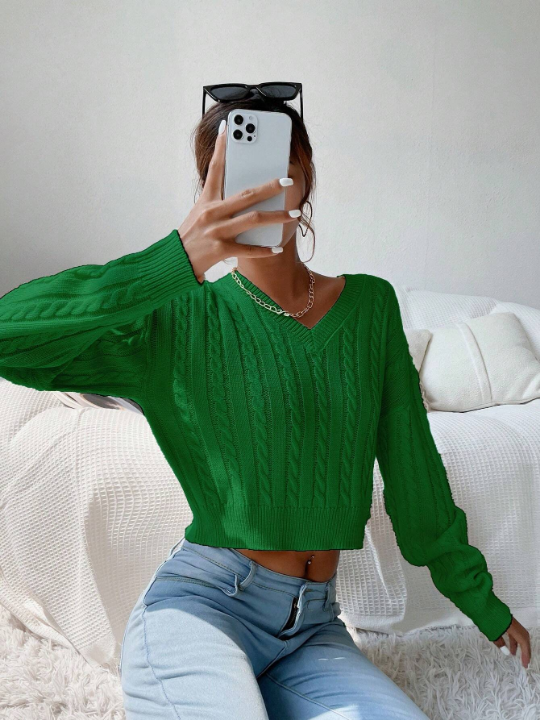 Frenchy V-Neck Cable Knit Pullover Sweater