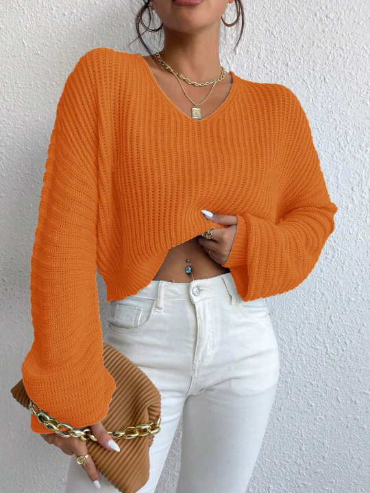 Essnce Solid Color Dropped Shoulder Loose Cropped Sweater