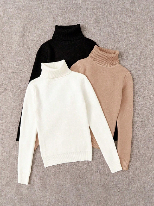 Essnce 3pcs Solid High Neck Long Sleeve Basic Brushed Fleece Lined Sweater