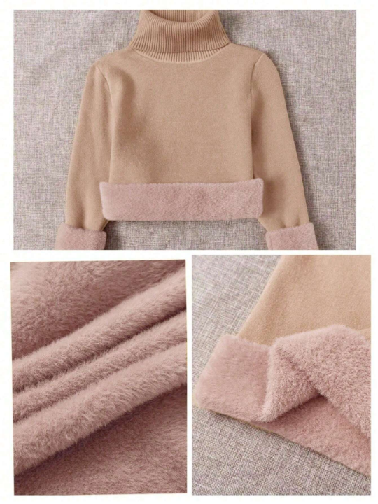 Essnce 3pcs Solid High Neck Long Sleeve Basic Brushed Fleece Lined Sweater