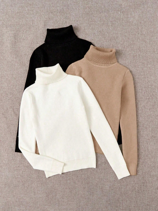 Essnce 3pcs Solid High Neck Long Sleeve Basic Brushed Fleece Lined Sweater