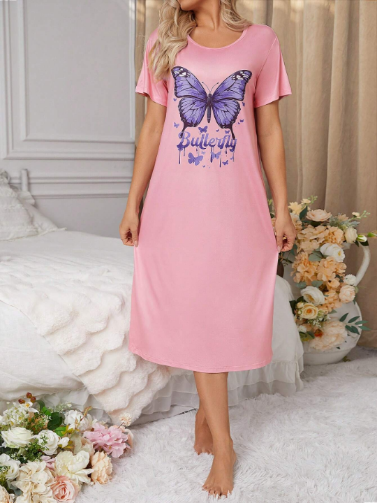 Women's Butterfly & Letter Pattern Sleepwear Dress