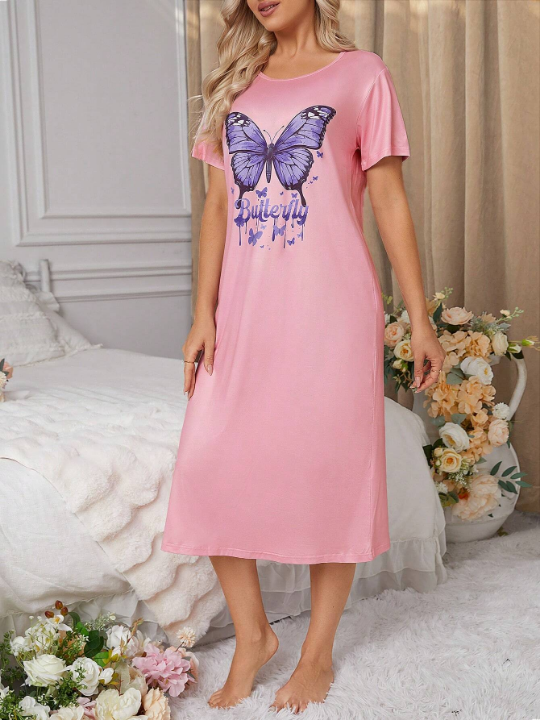 Women's Butterfly & Letter Pattern Sleepwear Dress