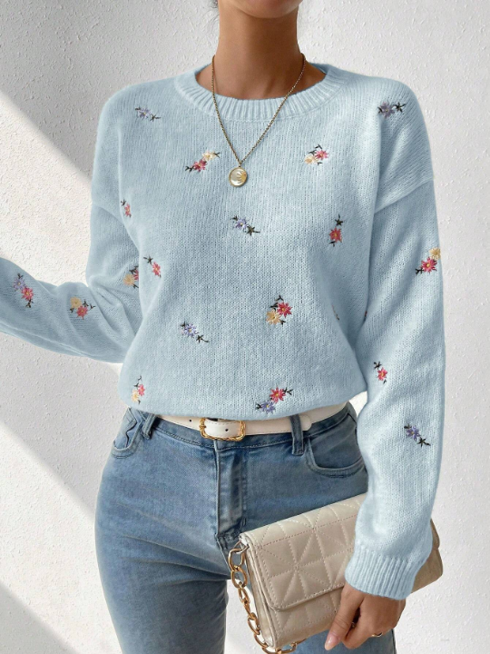 Essnce Women's Floral Embroidered Drop Shoulder Sweater