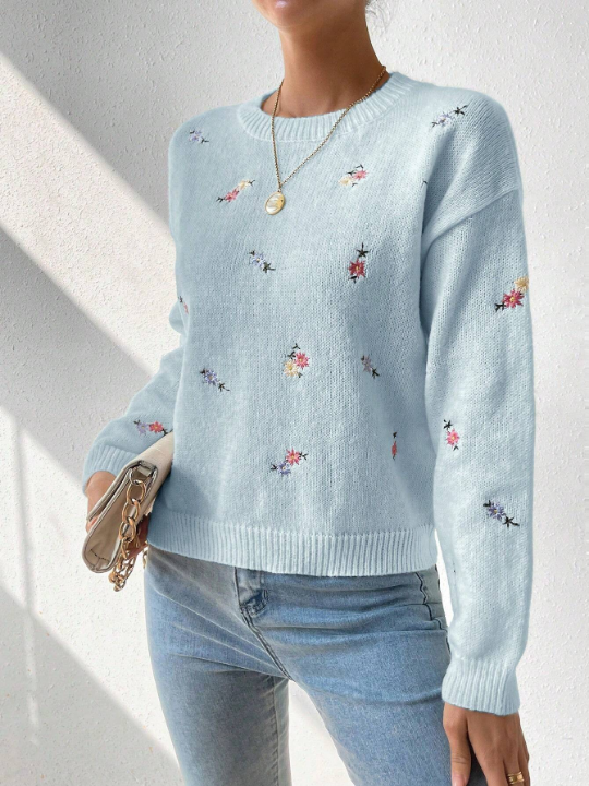 Essnce Women's Floral Embroidered Drop Shoulder Sweater