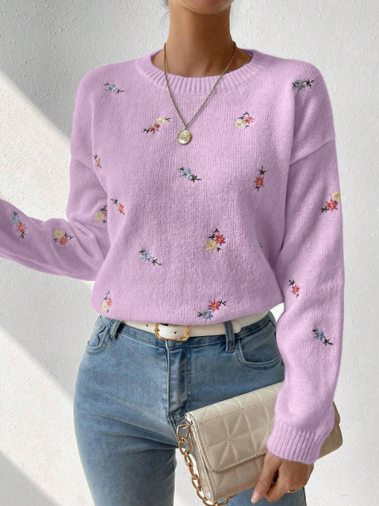 Essnce Women's Floral Embroidery Drop Shoulder Sweater