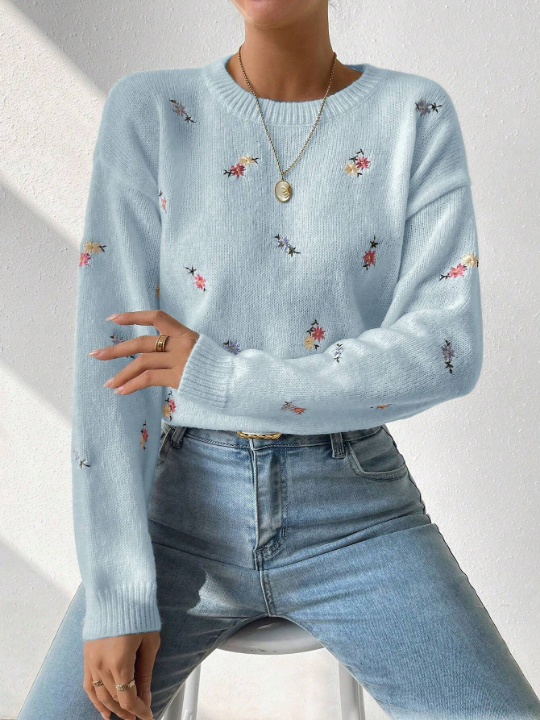 Essnce Women's Floral Embroidered Drop Shoulder Sweater