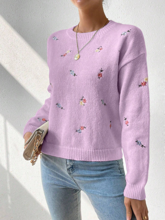 Essnce Women's Floral Embroidery Drop Shoulder Sweater