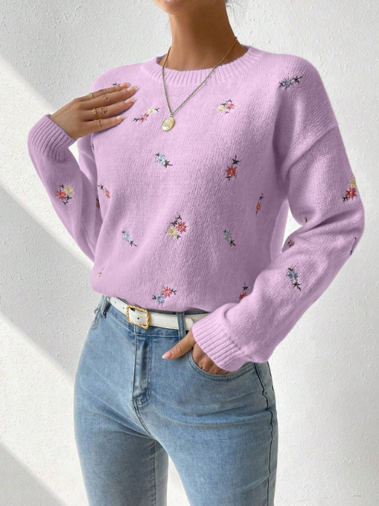 Essnce Women's Floral Embroidery Drop Shoulder Sweater