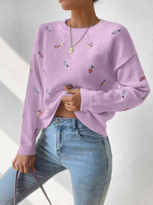 Essnce Women's Floral Embroidery Drop Shoulder Sweater