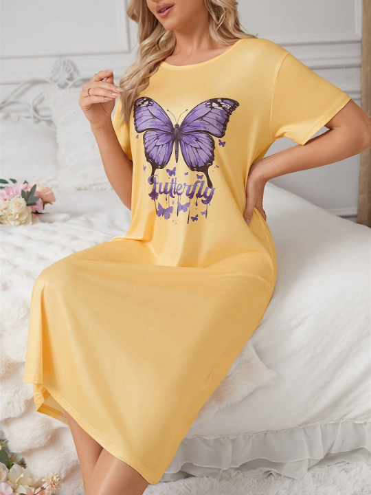 Women's Sleepwear Butterfly & Letter Print Nightgown