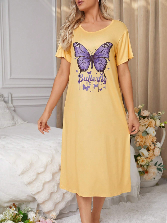 Women's Sleepwear Butterfly & Letter Print Nightgown