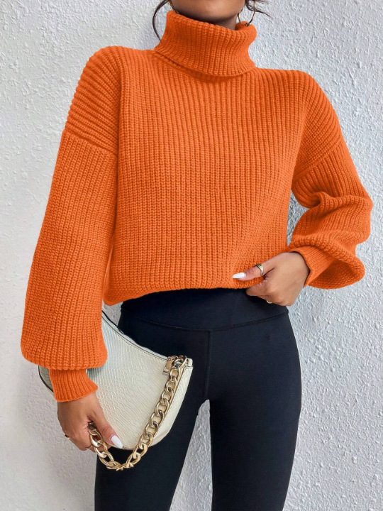 Frenchy Solid Color High Neck Lantern Sleeve Sweater