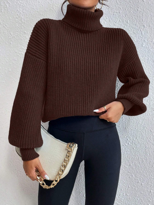 Frenchy Solid Color High-Neck Lantern Sleeve Sweater