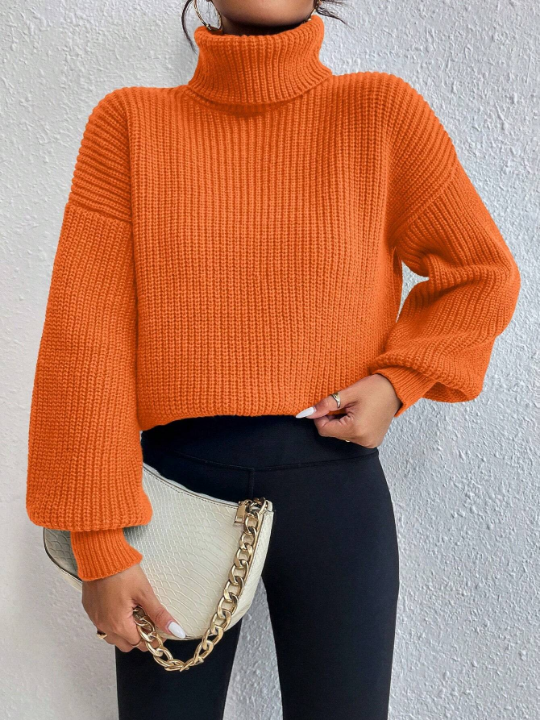 Frenchy Solid Color High Neck Lantern Sleeve Sweater